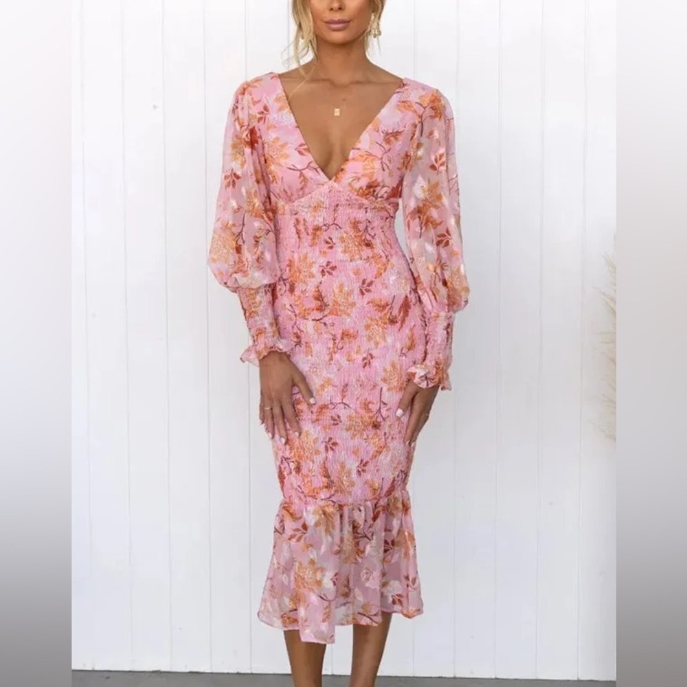 Blush Floral V-Neck Midi Dress with Sheer Puff Sleeves